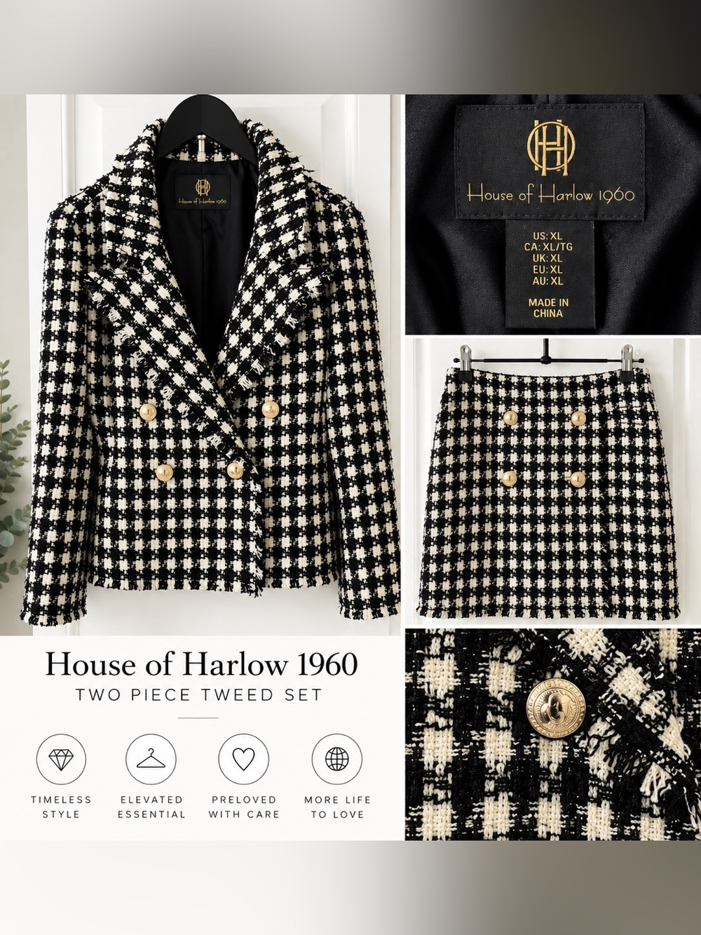 House of Harlow 1960 Black & White Tweed Double-Breasted Blazer